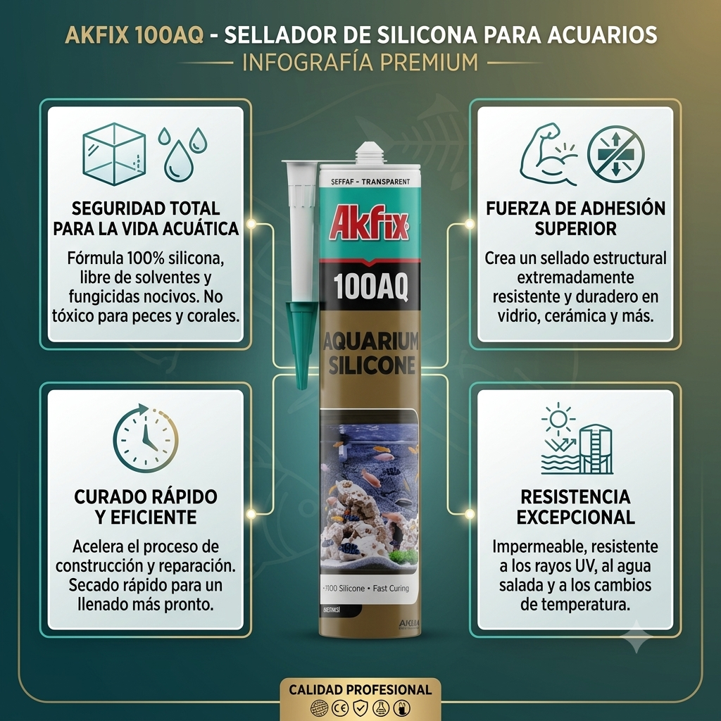 Infografía técnica de Silicona para acuarios 100AQ Akfix: características, usos y ventajas
