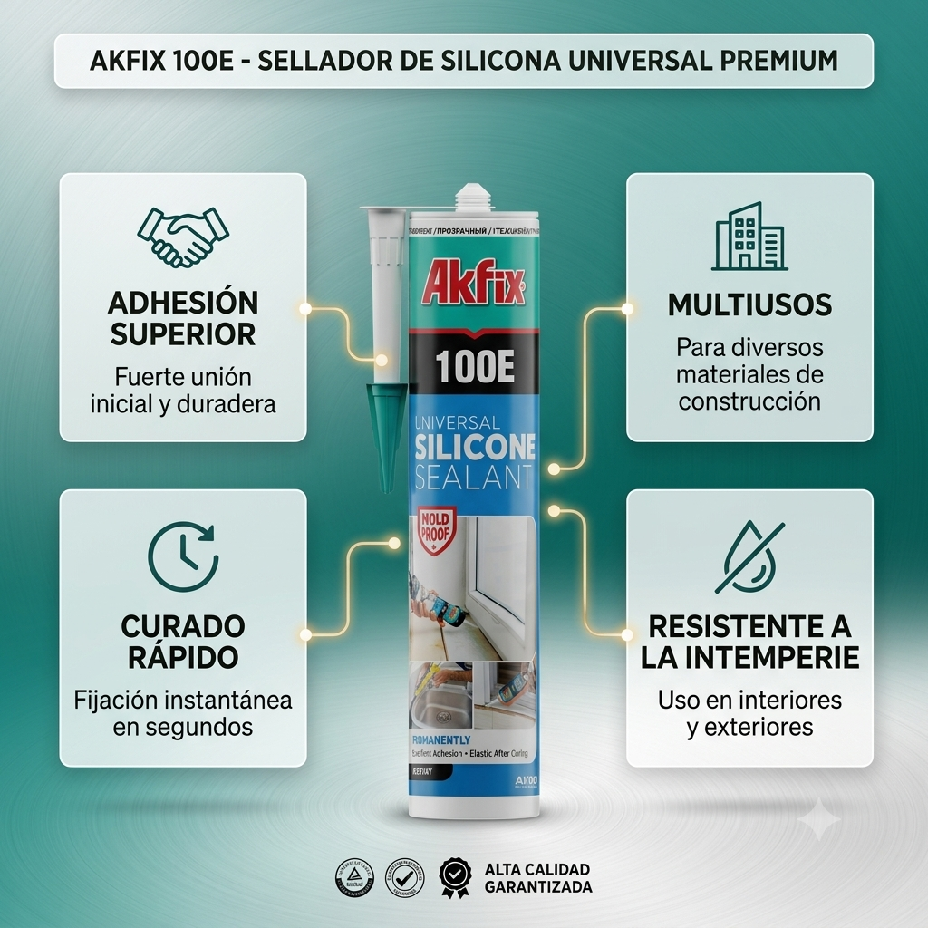 Infografía técnica de Silicona universal acética 100E Akfix: características, usos y ventajas