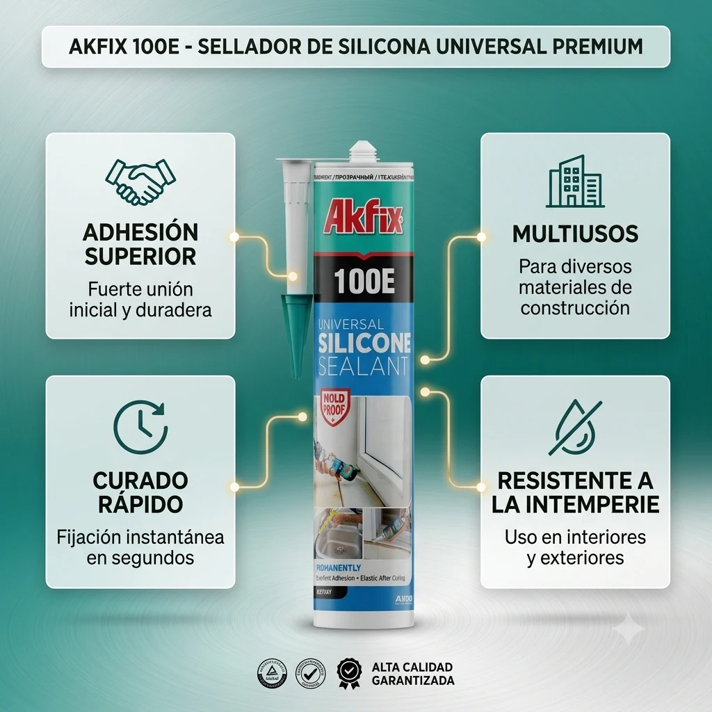 Infografía técnica de Silicona universal acética 100E Akfix: características, usos y ventajas