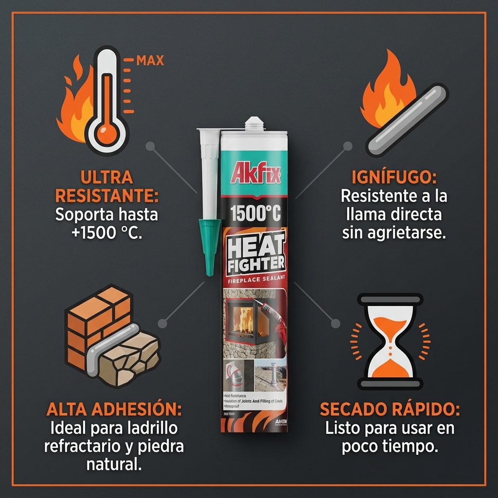 Infografía técnica de Sellante Heat 1500°C Akfix: características, usos y ventajas