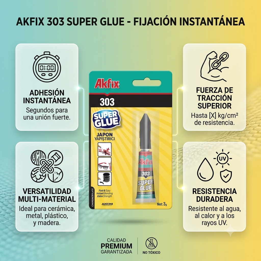 Infografía técnica de Super glue 303 Akfix: características, usos y ventajas