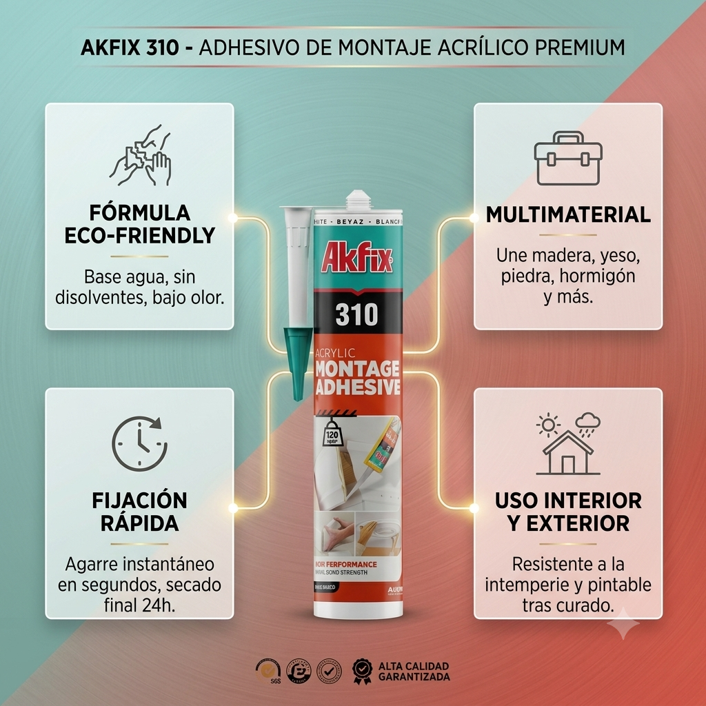 Infografía técnica de Adhesivo de montaje 310 Akfix: características, usos y ventajas