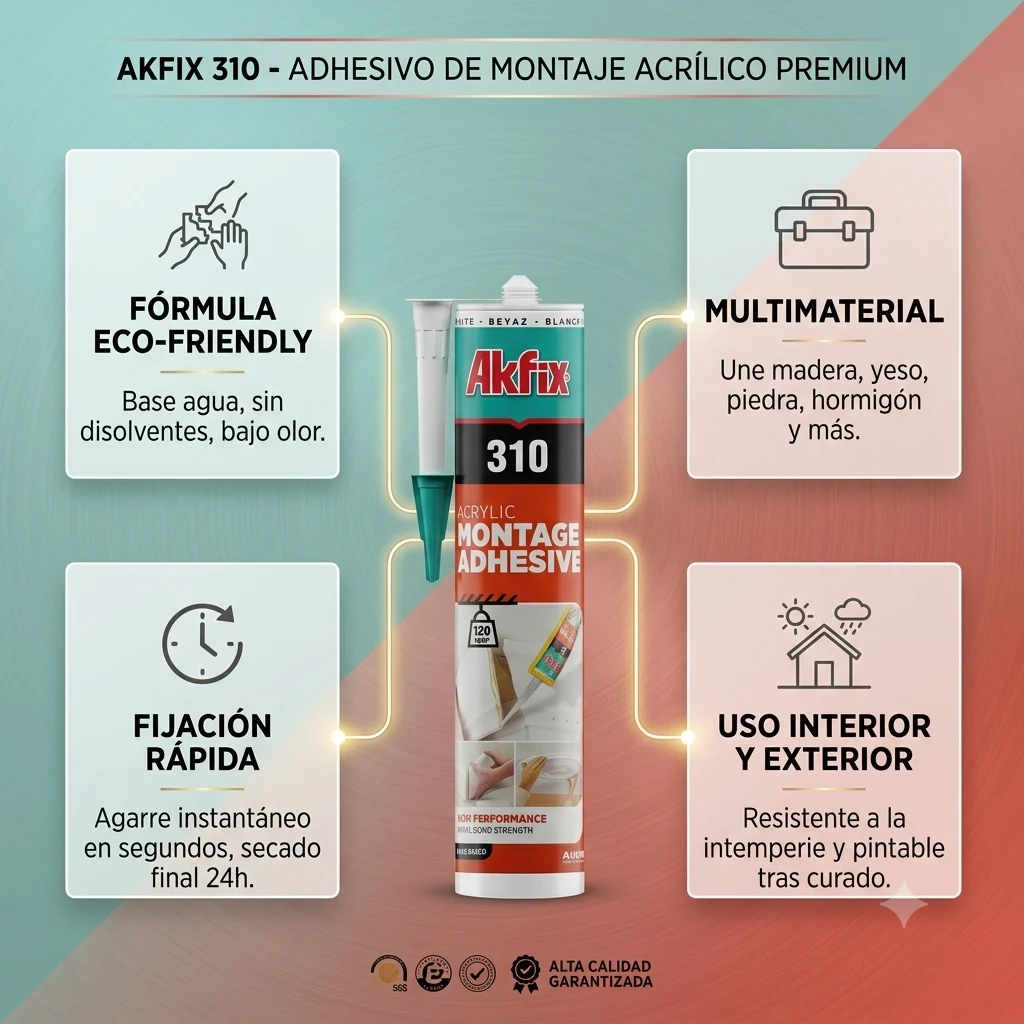 Infografía técnica de Adhesivo de montaje 310 Akfix: características, usos y ventajas