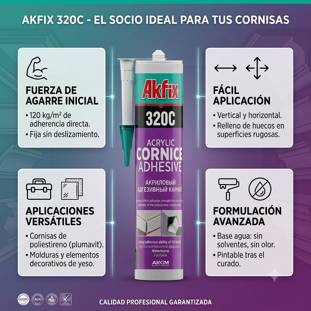 Infografía técnica de Adhesivo de montaje 320 cornisa Akfix: características, usos y ventajas
