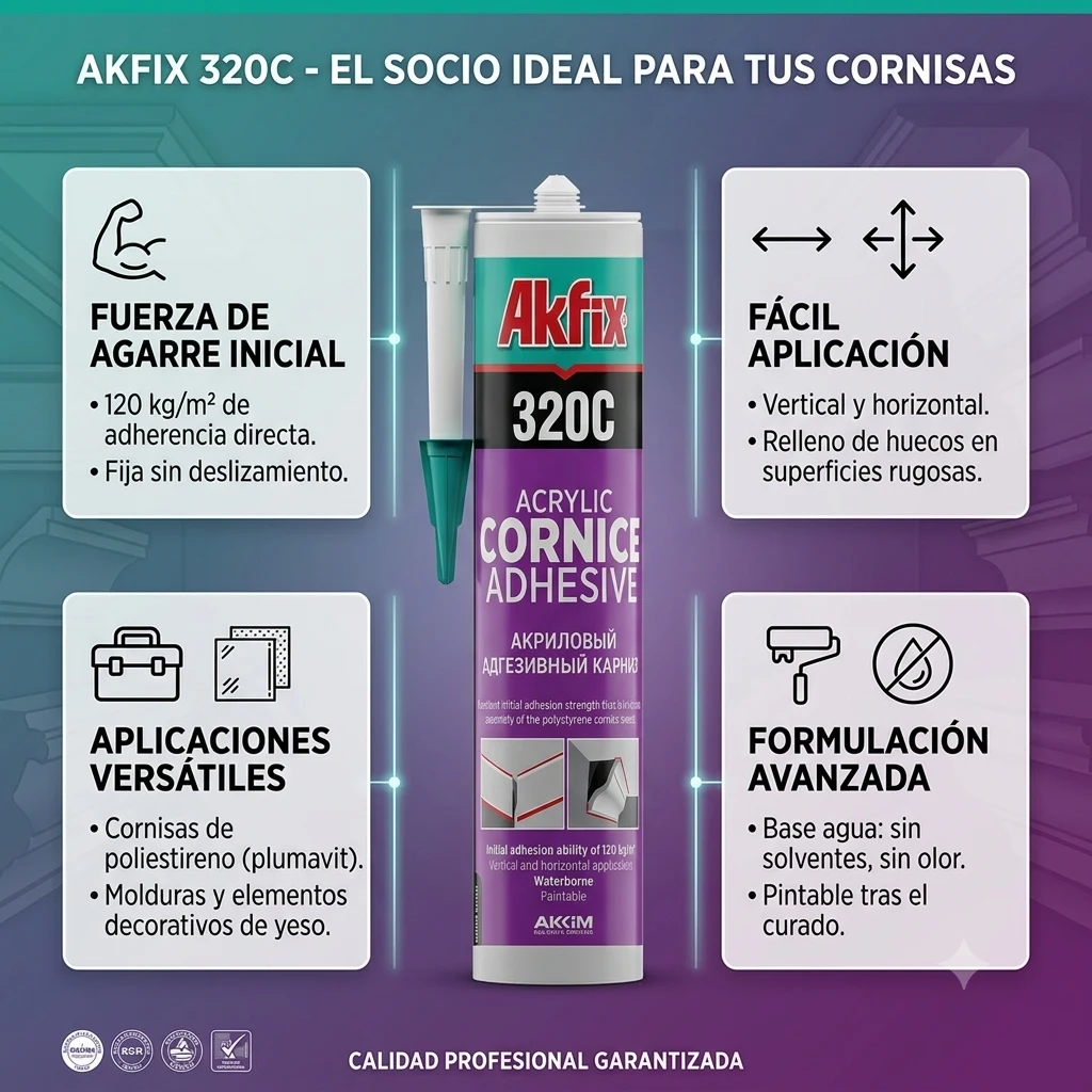 Infografía técnica de Adhesivo de montaje 320 cornisa Akfix: características, usos y ventajas