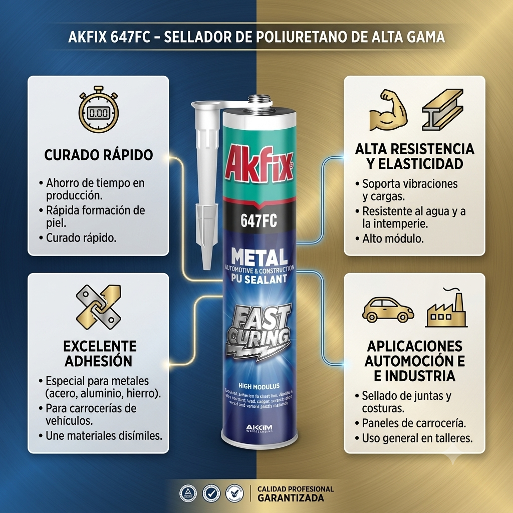 Infografía técnica de Sello poliuretano 647FC curado rápido 600 ml Akfix: características, usos y ventajas