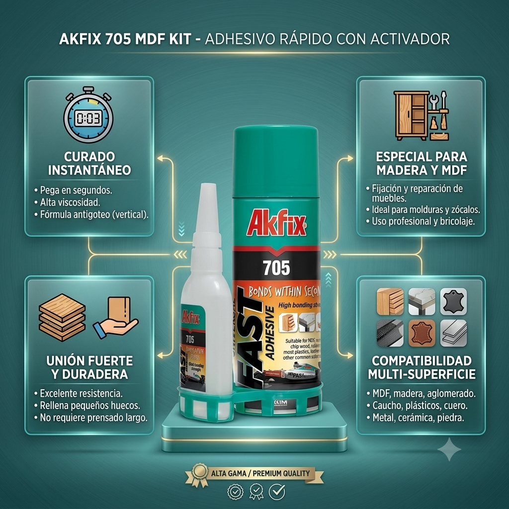 Infografía técnica de Kit adhesivo instantáneo + activador 705 Akfix: características, usos y ventajas