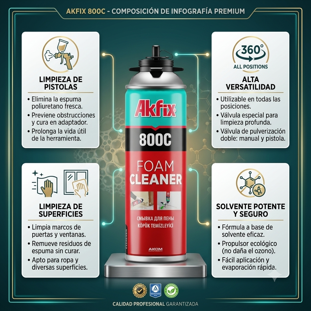 Infografía técnica de Limpiador de espuma de poliuretano 800C Akfix: características, usos y ventajas