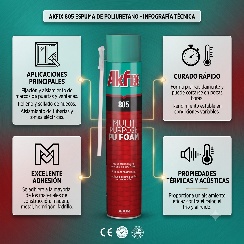 Infografía técnica de Espuma PU 805 manual Akfix: características, usos y ventajas