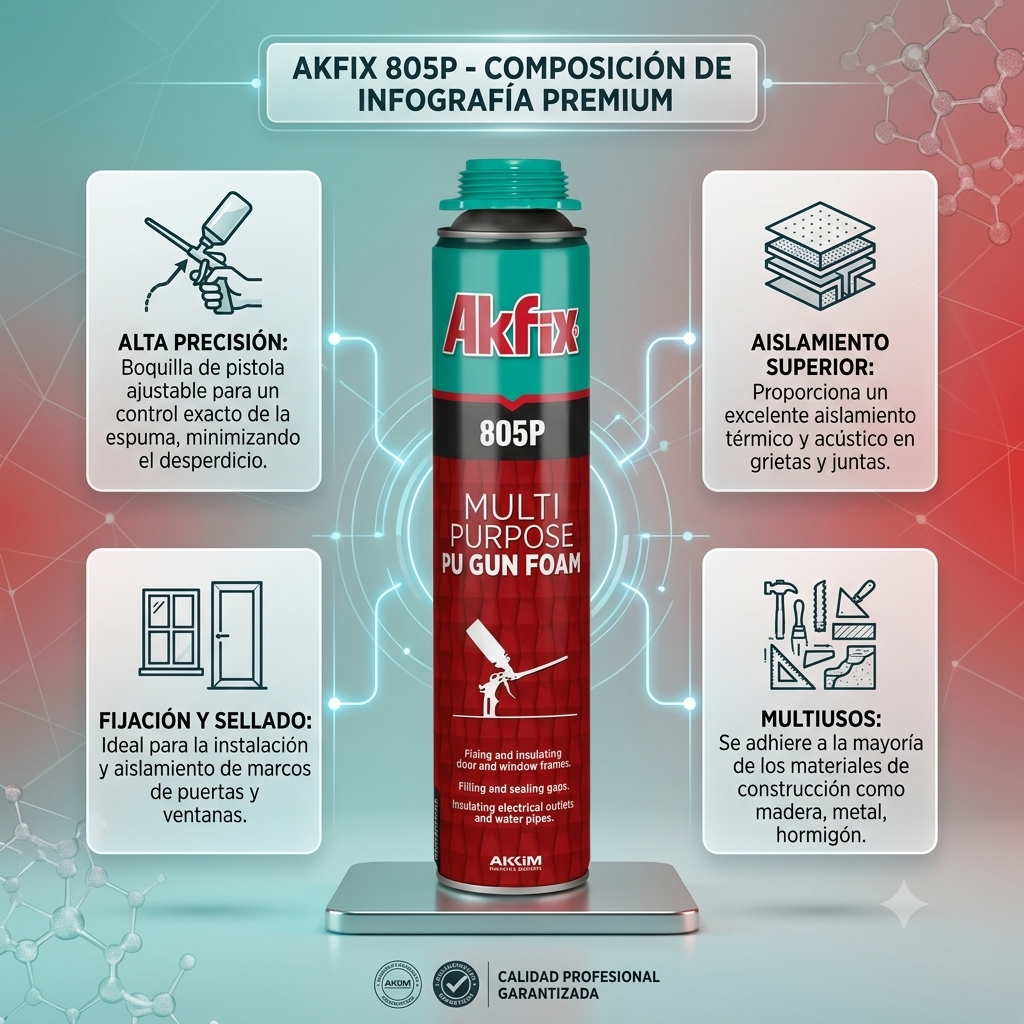 Infografía técnica de Espuma PU 805P para pistola Akfix: características, usos y ventajas