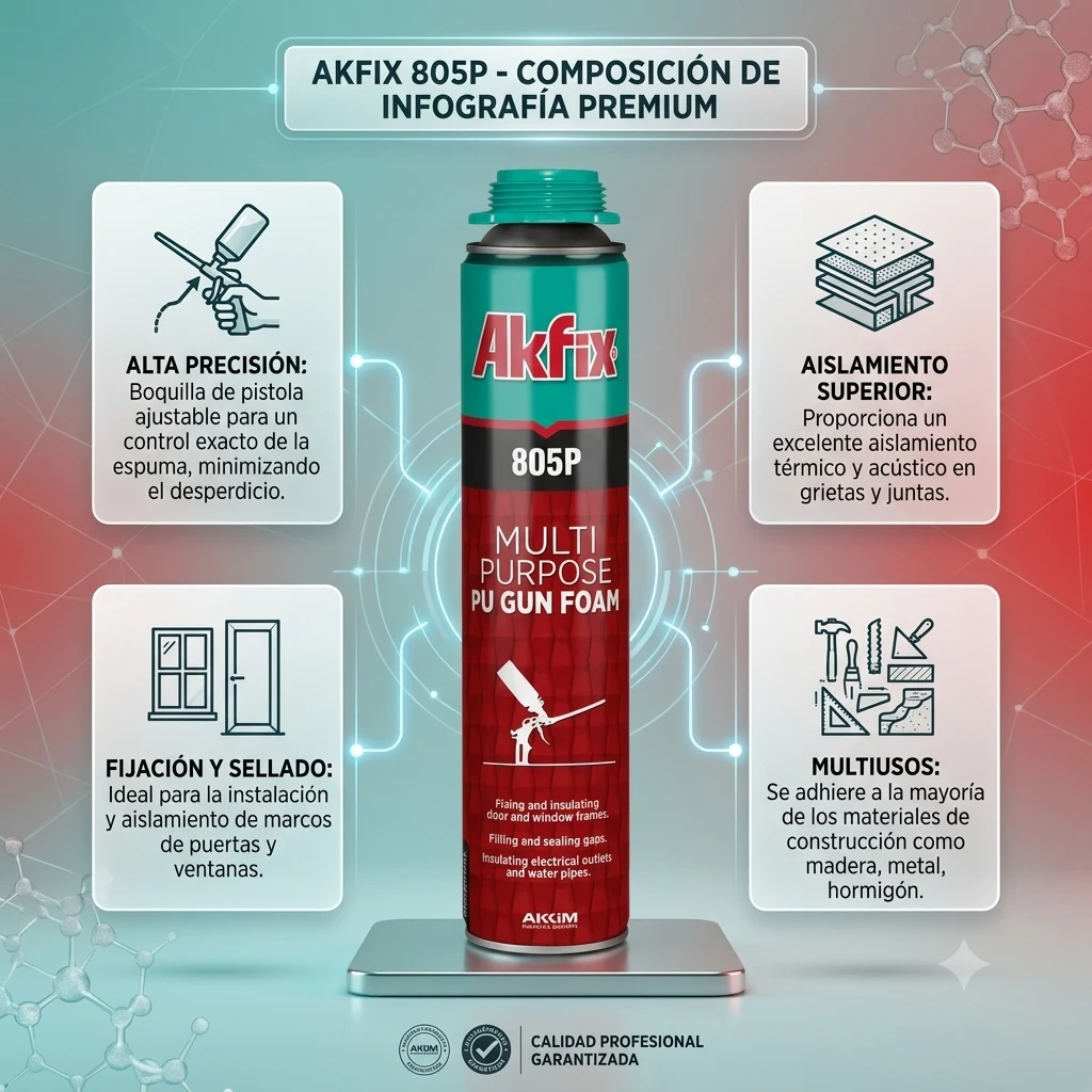 Infografía técnica de Espuma PU 805P para pistola Akfix: características, usos y ventajas