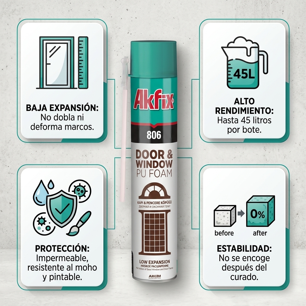 Infografía técnica de Espuma para puertas y ventanas 806 Akfix: características, usos y ventajas