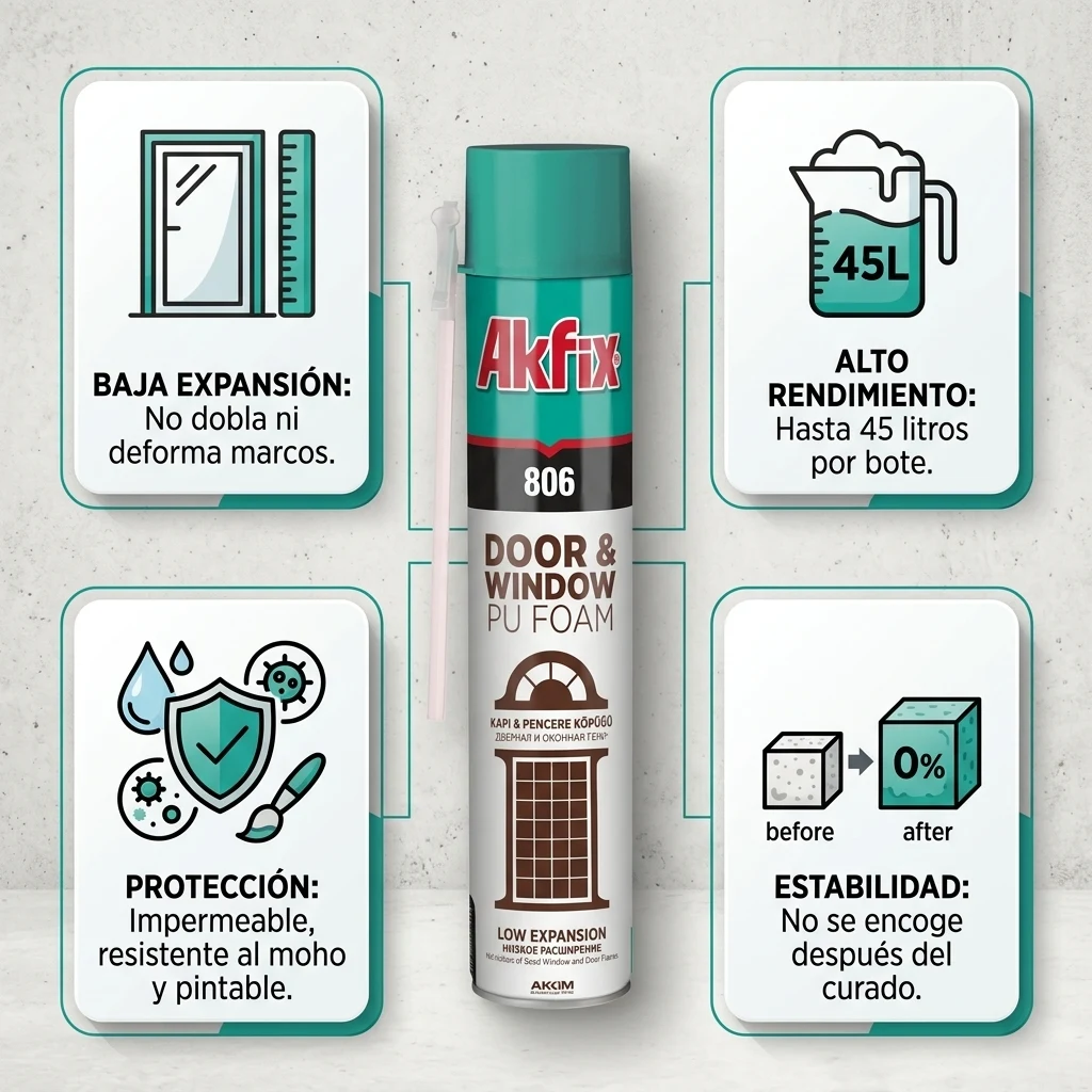 Infografía técnica de Espuma para puertas y ventanas 806 Akfix: características, usos y ventajas