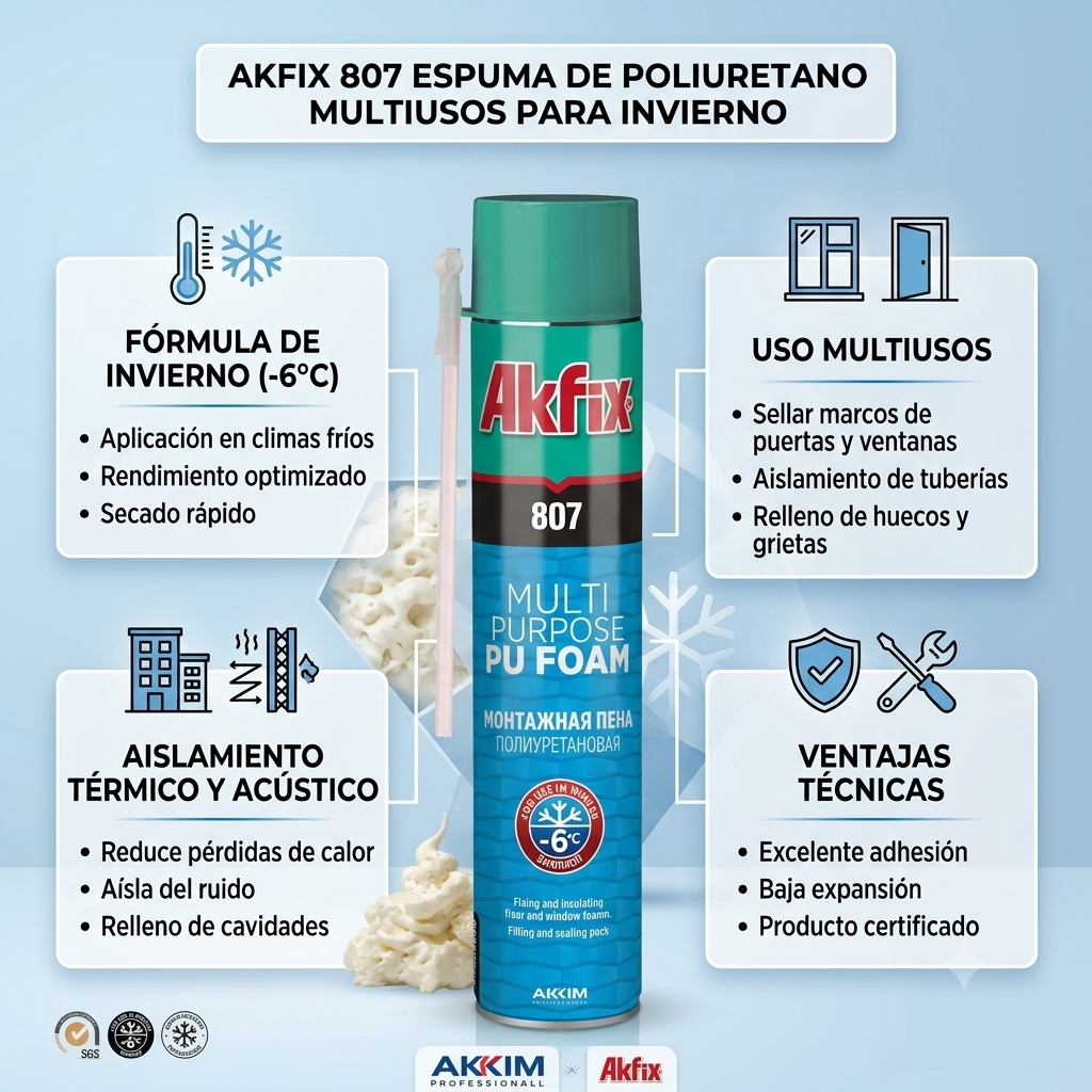 Infografía técnica de Espuma PU bajas temperaturas 807P Akfix: características, usos y ventajas