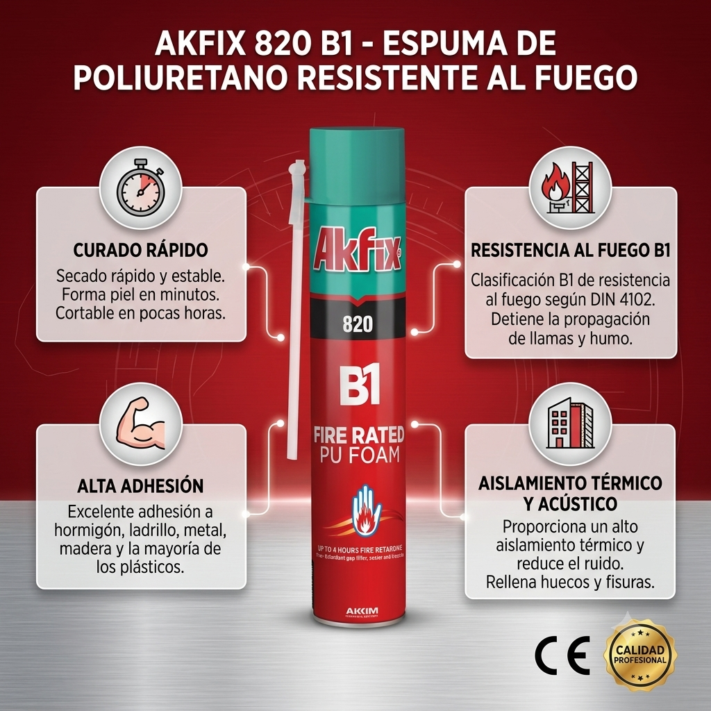Infografía técnica de Espuma ignífuga B1 resistente al fuego 820 Akfix: características, usos y ventajas