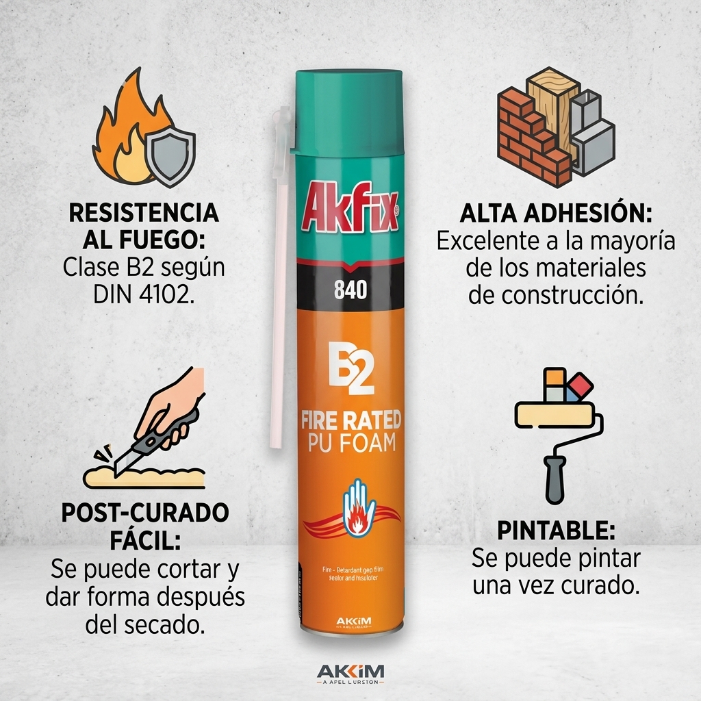 Infografía técnica de Espuma ignífuga B2 resistente al fuego 840 Akfix: características, usos y ventajas