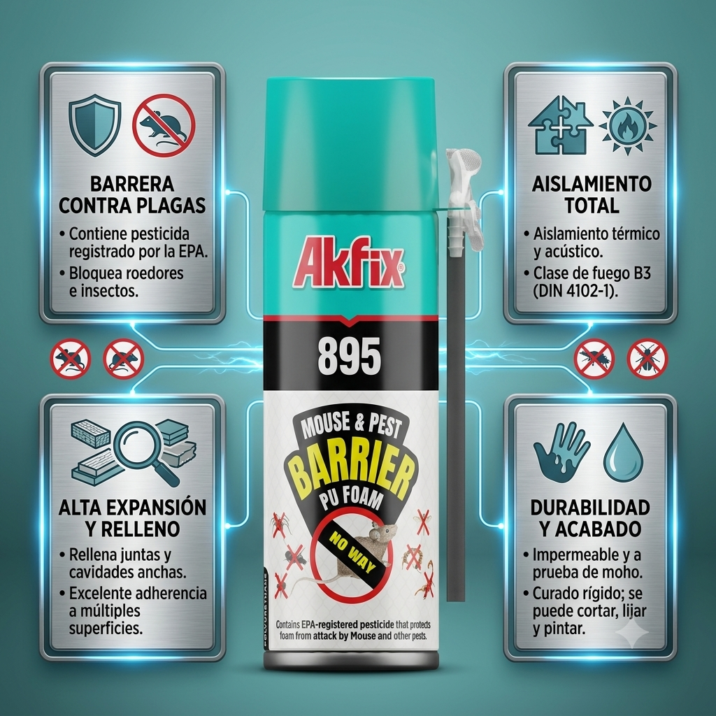 Infografía técnica de Espuma barrera contra plagas 895 Akfix: características, usos y ventajas