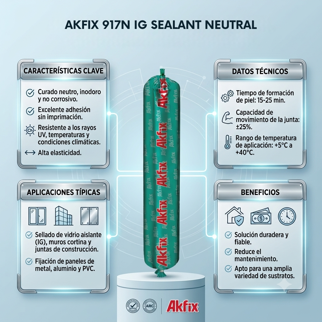 Infografía técnica de Silicona estructural neutra 917N Akfix: características, usos y ventajas