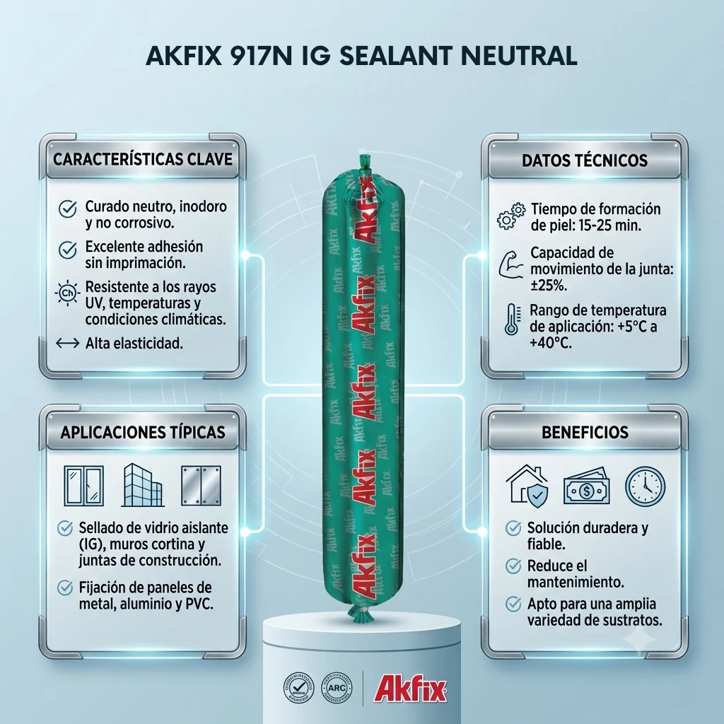 Infografía técnica de Silicona estructural neutra 917N Akfix: características, usos y ventajas