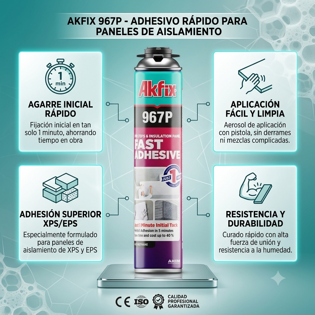 Infografía técnica de Espuma adhesiva 967P Akfix: características, usos y ventajas