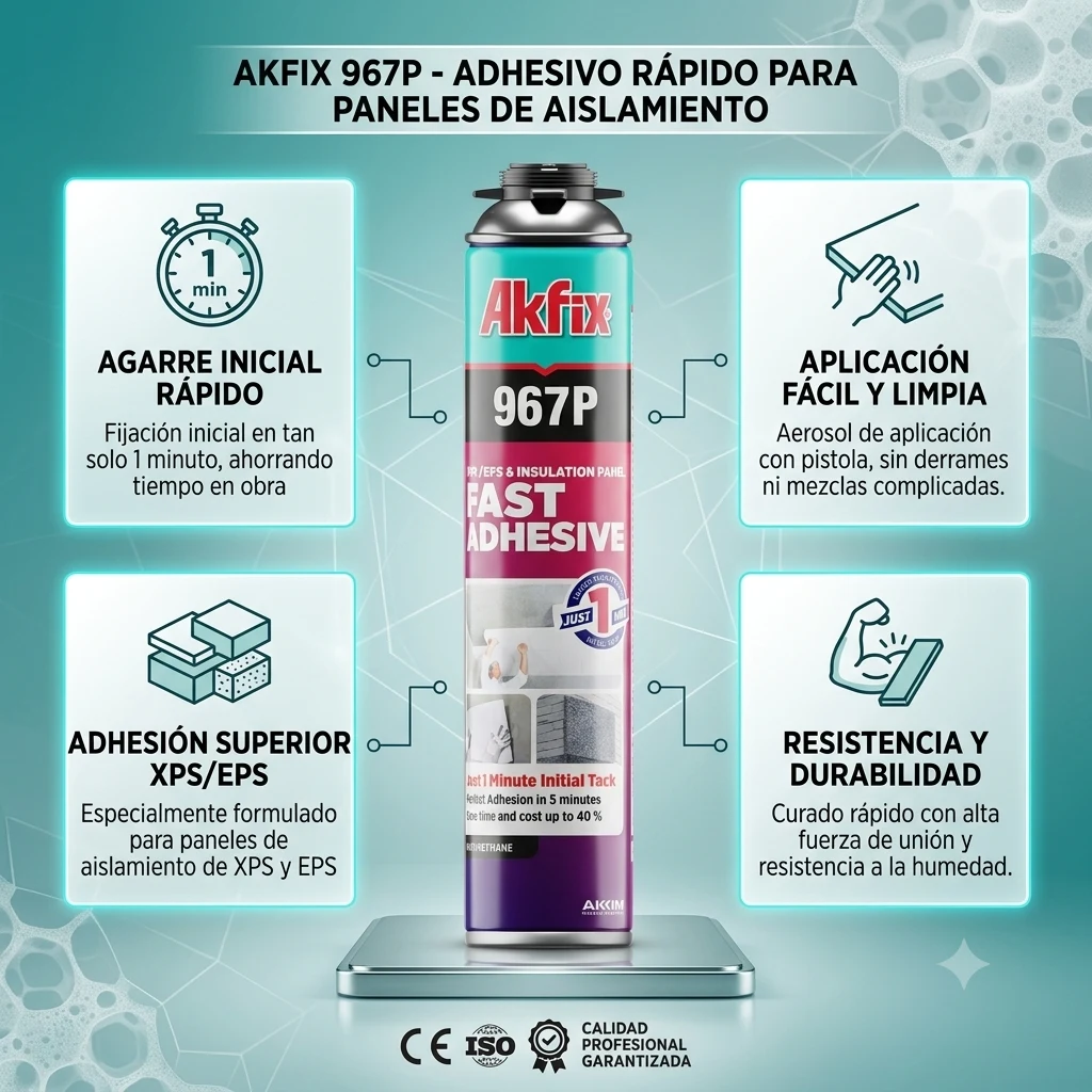 Infografía técnica de Espuma adhesiva 967P Akfix: características, usos y ventajas