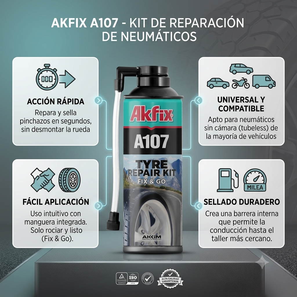 Infografía técnica de Kit reparación de neumáticos A107 Akfix: características, usos y ventajas