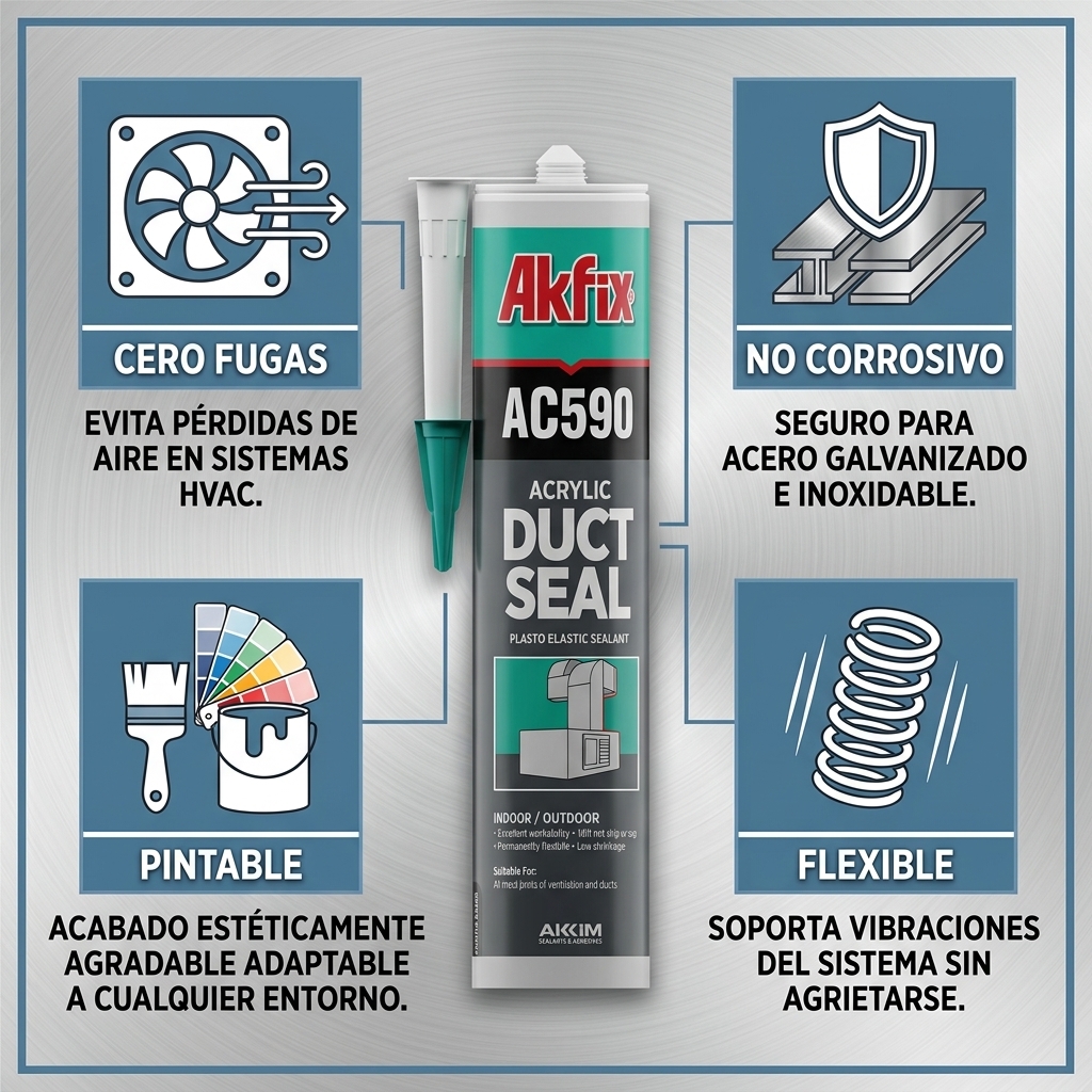 Infografía técnica de Sellador hojalatera AC590 Akfix: características, usos y ventajas