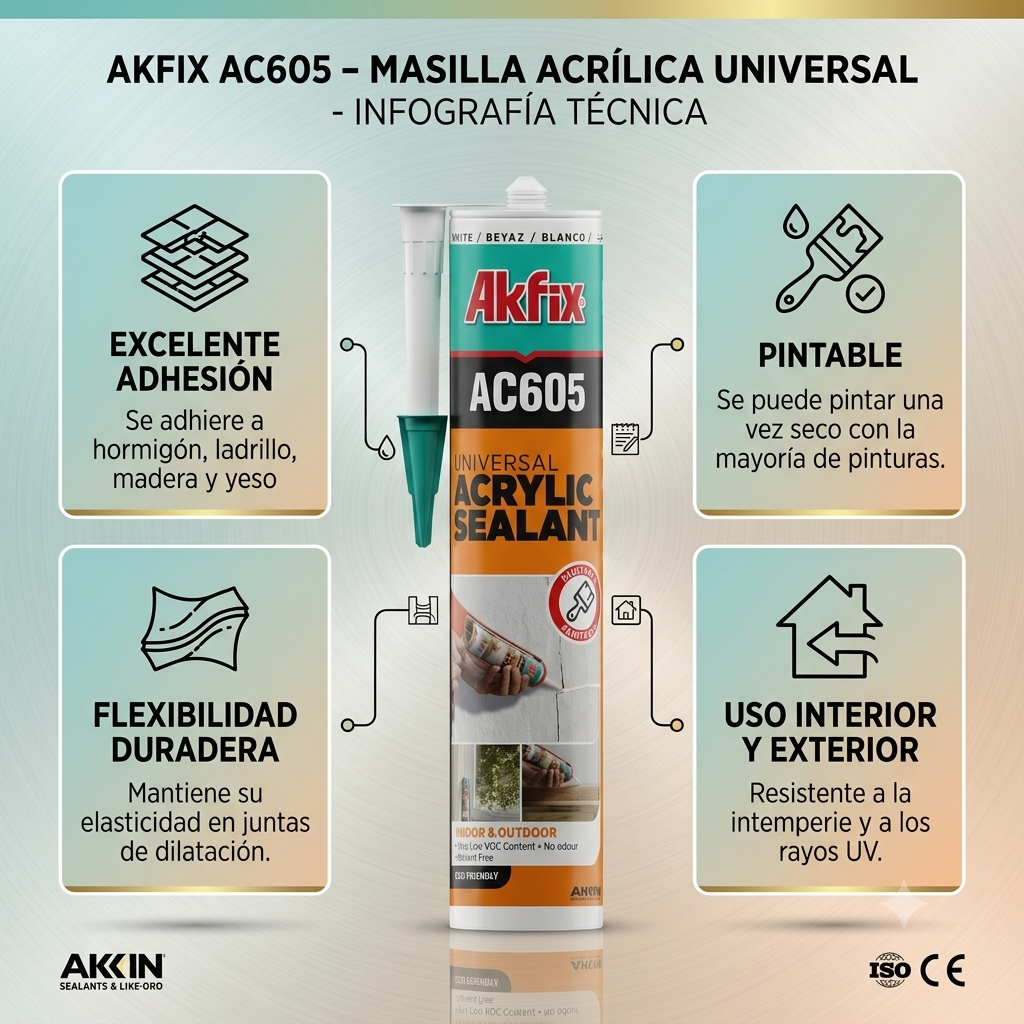 Infografía técnica de Sellador acrílico pintable AC605 Akfix: características, usos y ventajas