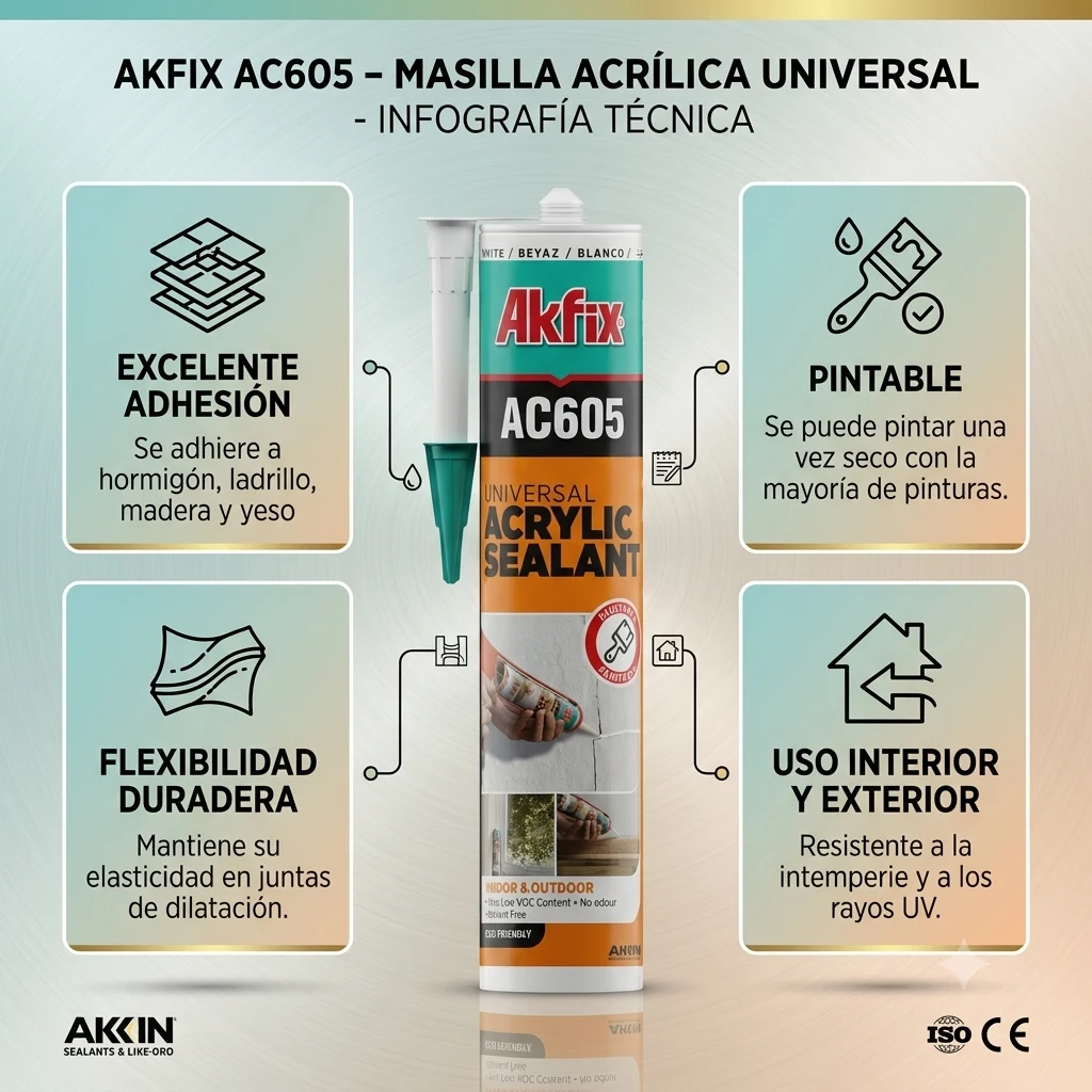 Infografía técnica de Sellador acrílico pintable AC605 Akfix: características, usos y ventajas