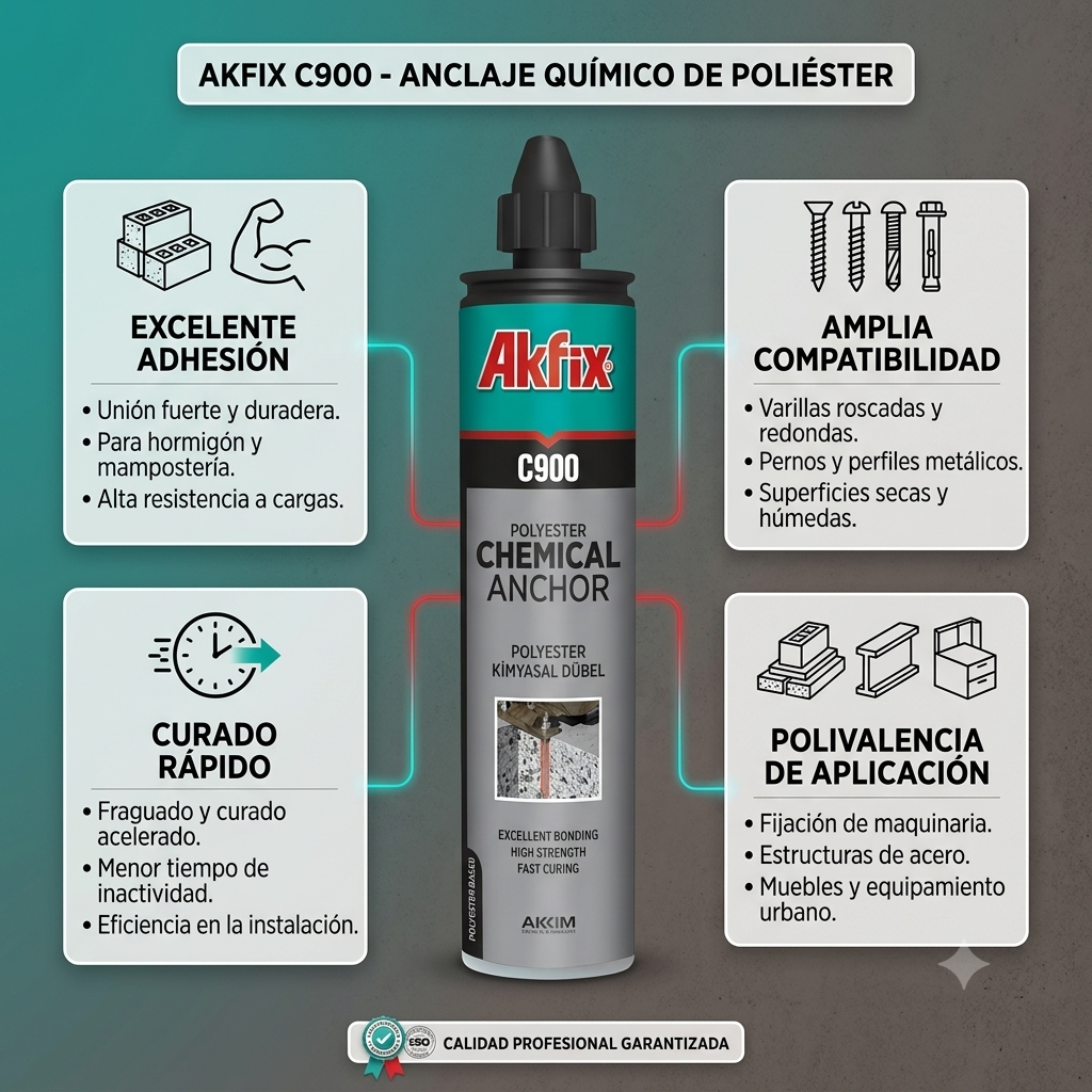 Infografía técnica de Anclaje químico C920 Akfix: características, usos y ventajas