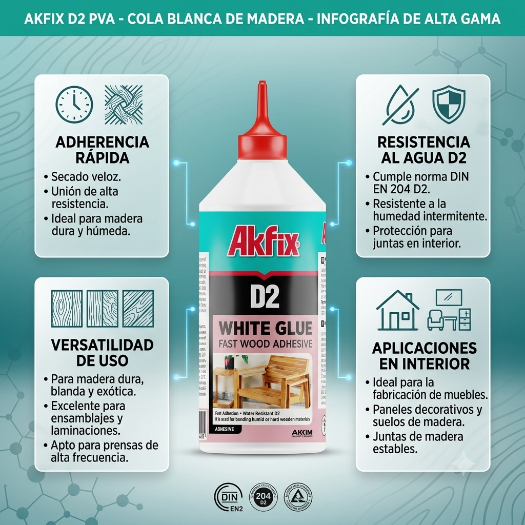 Infografía técnica de Cola fría universal D2 Akfix: características, usos y ventajas