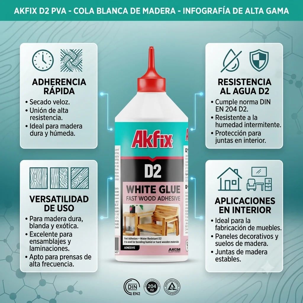 Infografía técnica de Cola fría universal D2 Akfix: características, usos y ventajas