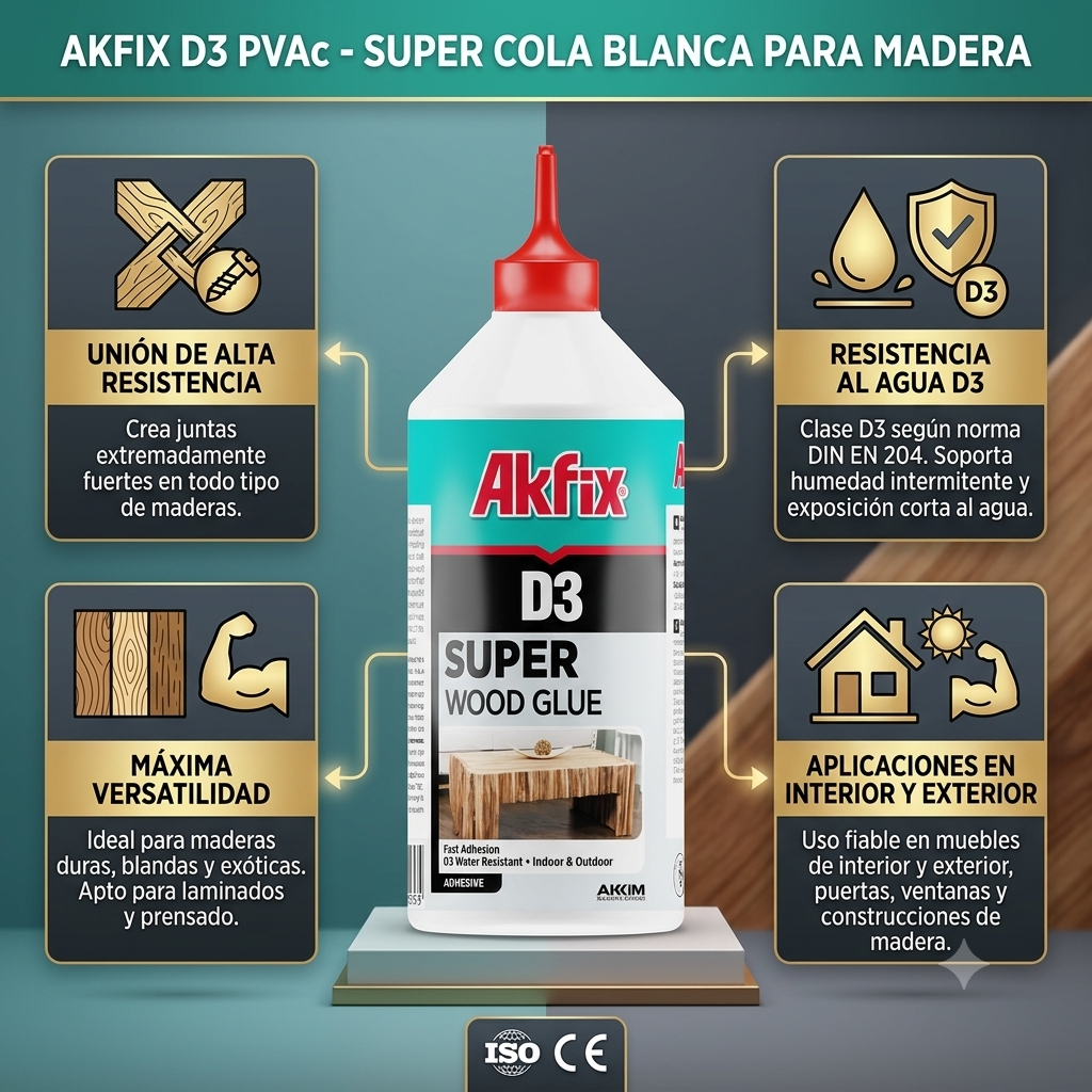 Infografía técnica de Cola fría extra fuerte D3 Akfix: características, usos y ventajas
