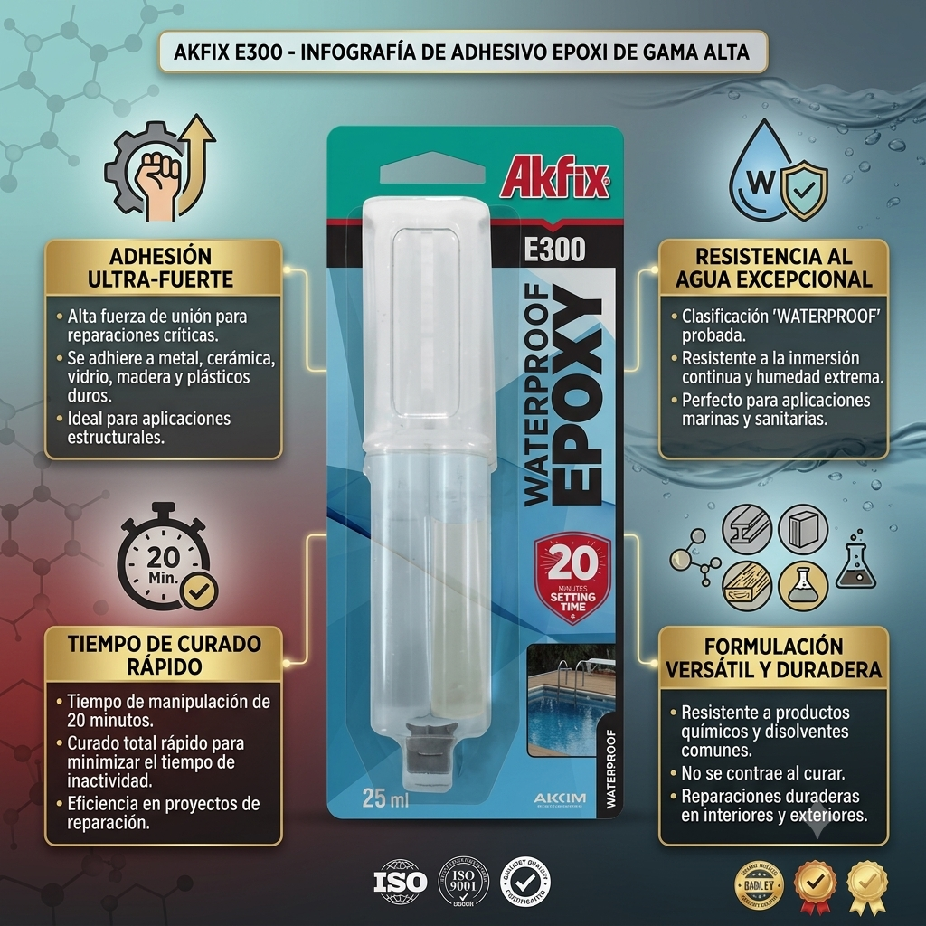 Infografía técnica de Adhesivo epóxi impermeable E300 Akfix: características, usos y ventajas