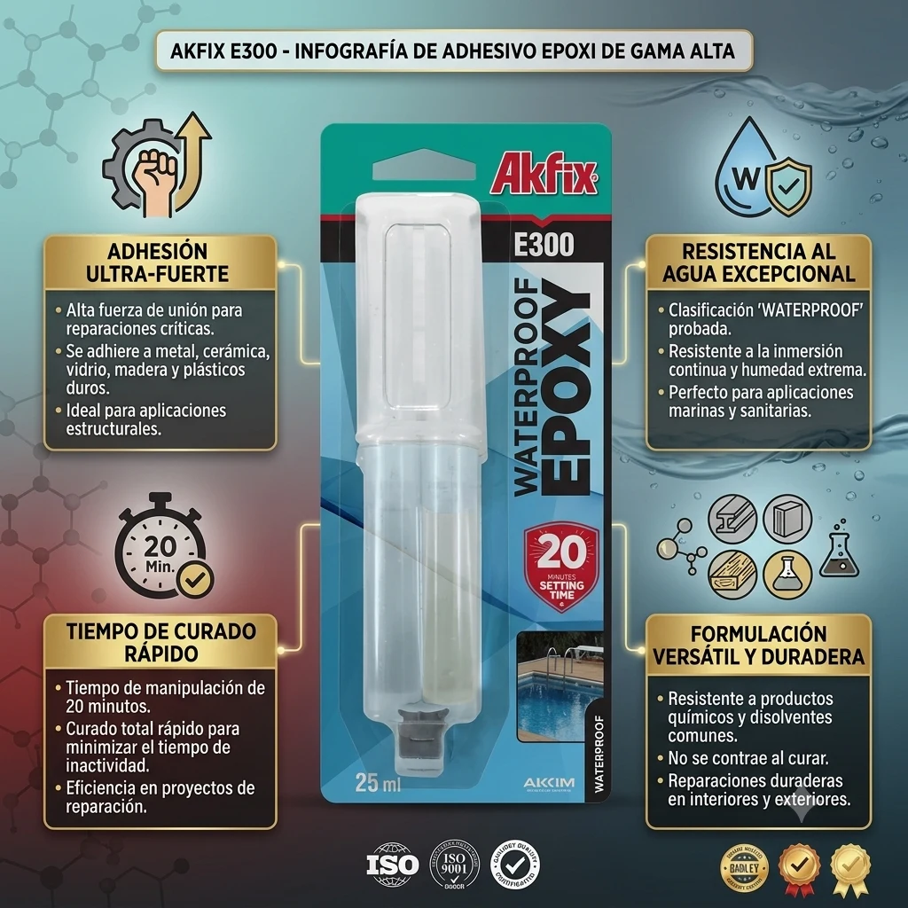 Infografía técnica de Adhesivo epóxi impermeable E300 Akfix: características, usos y ventajas