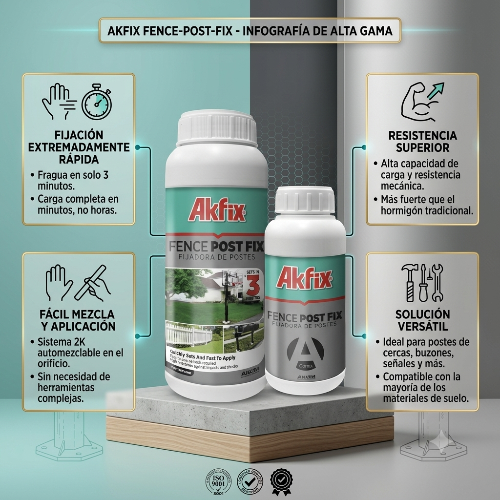 Infografía técnica de Fijador de postes 2K Akfix: características, usos y ventajas