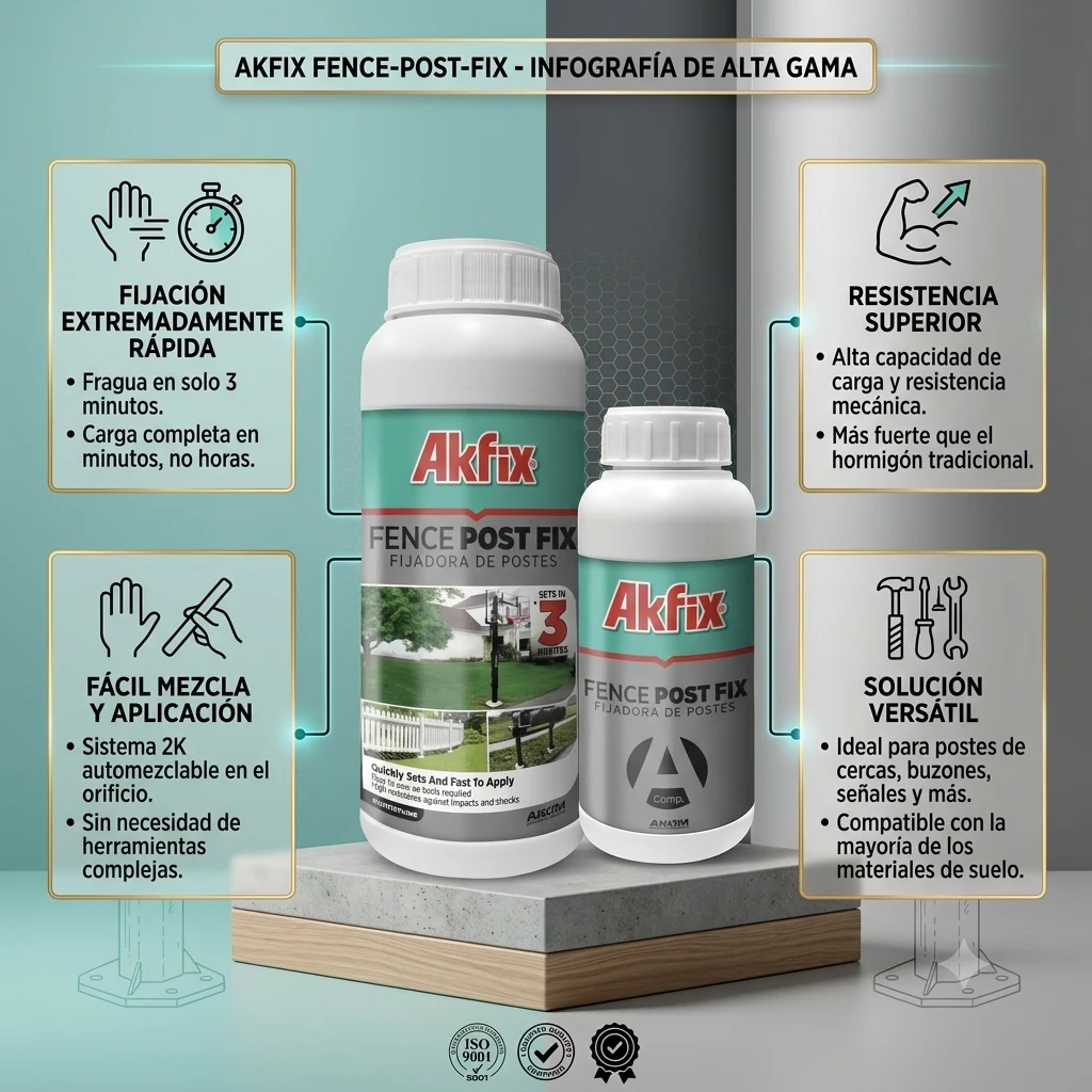Infografía técnica de Fijador de postes 2K Akfix: características, usos y ventajas