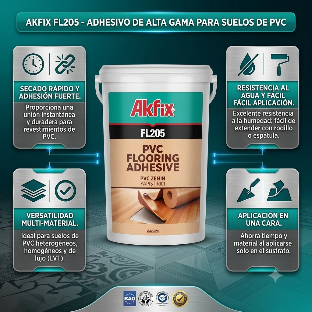 Infografía técnica de Adhesivo FL205 para piso vinílico y PVC Akfix: características, usos y ventajas