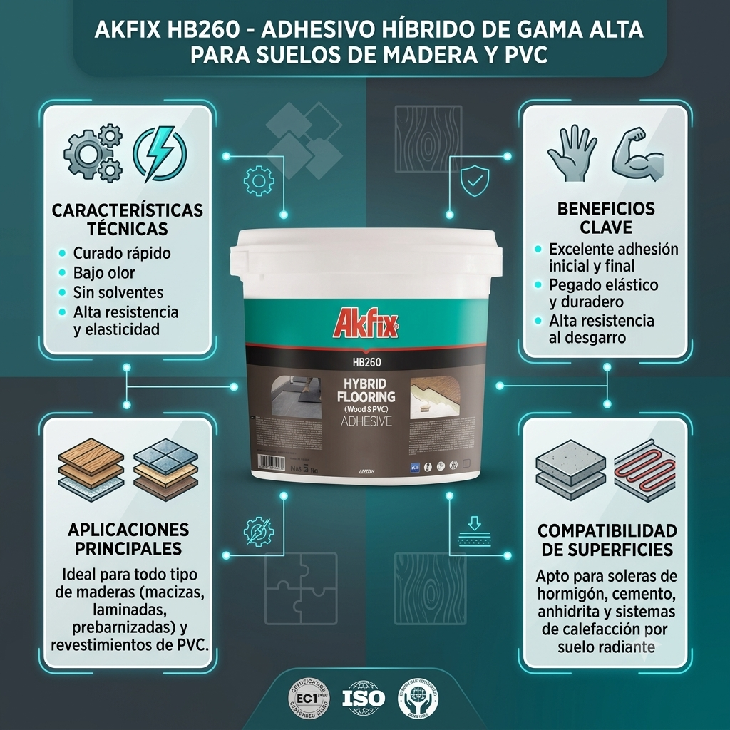 Infografía técnica de Adhesivo híbrido para pisos de madera y PVC HB260 Akfix: características, usos y ventajas
