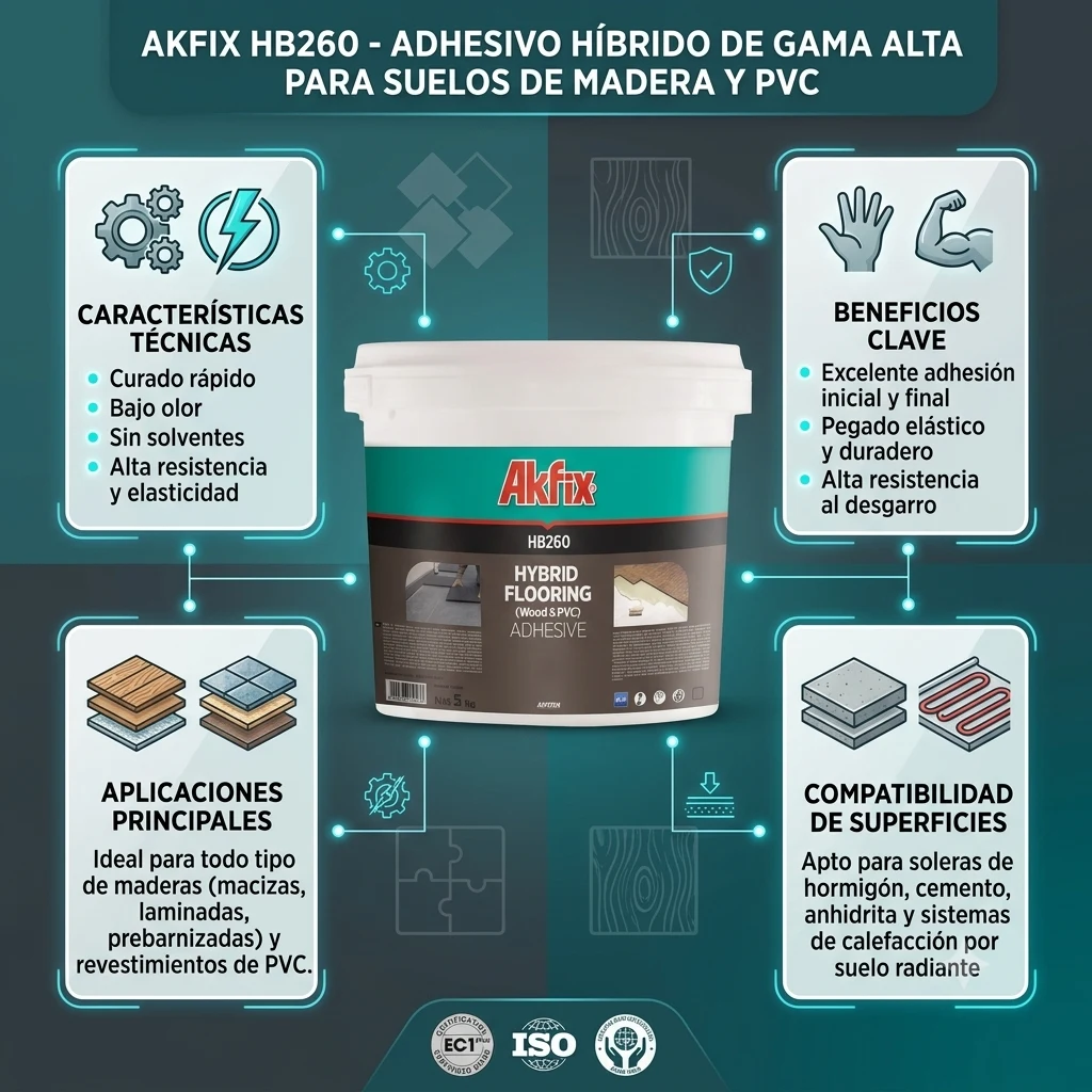 Infografía técnica de Adhesivo híbrido para pisos de madera y PVC HB260 Akfix: características, usos y ventajas