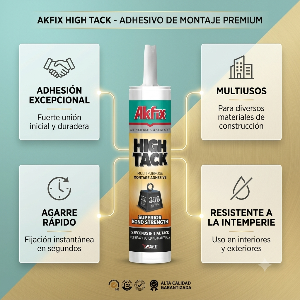 Infografía técnica de High Tack MS agarre instantáneo Akfix: características, usos y ventajas
