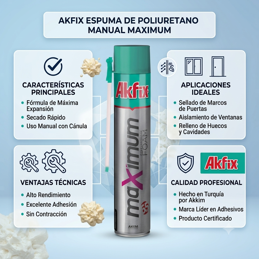 Infografía técnica de Espuma de poliuretano Maximum Akfix: características, usos y ventajas