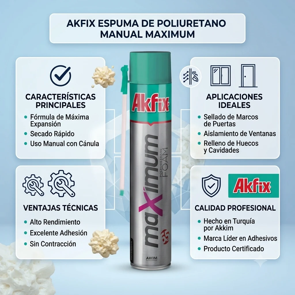 Infografía técnica de Espuma de poliuretano Maximum Akfix: características, usos y ventajas