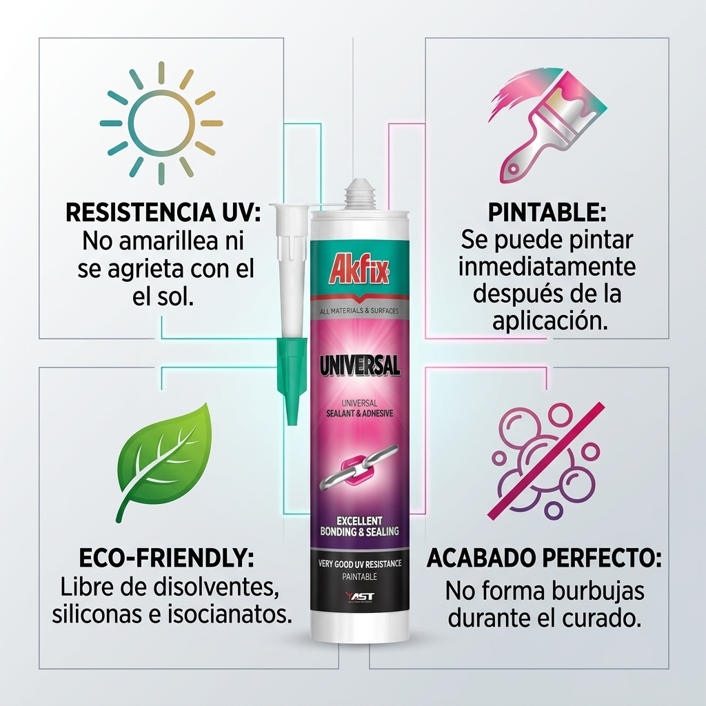 Infografía técnica de Sello híbrido MS universal Akfix: características, usos y ventajas
