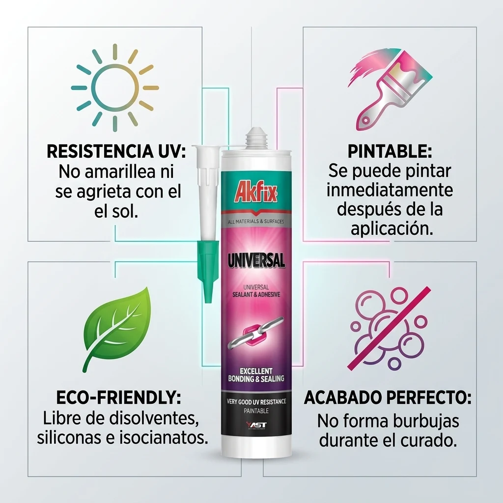 Infografía técnica de Sello híbrido MS universal Akfix: características, usos y ventajas