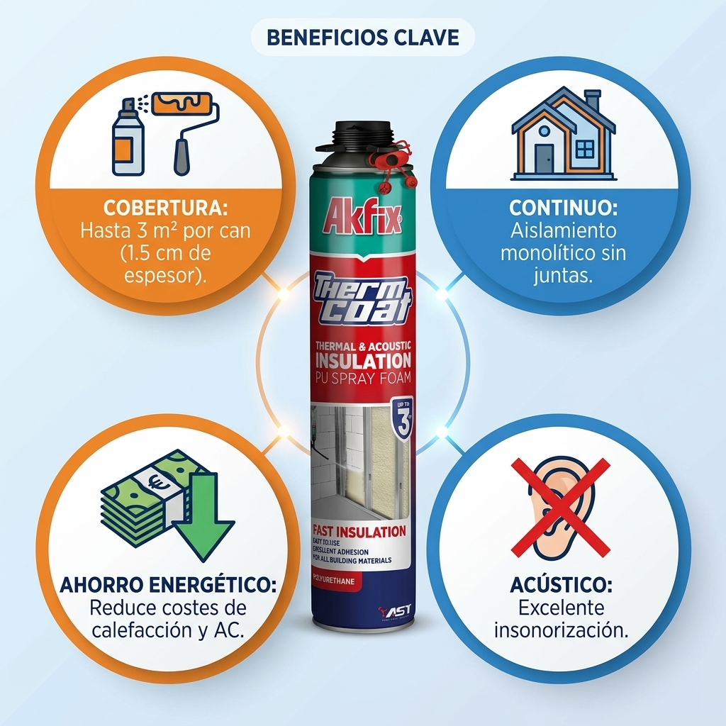 Infografía técnica de Espuma de aislación térmica y acústica Therm Coat Akfix: características, usos y ventajas