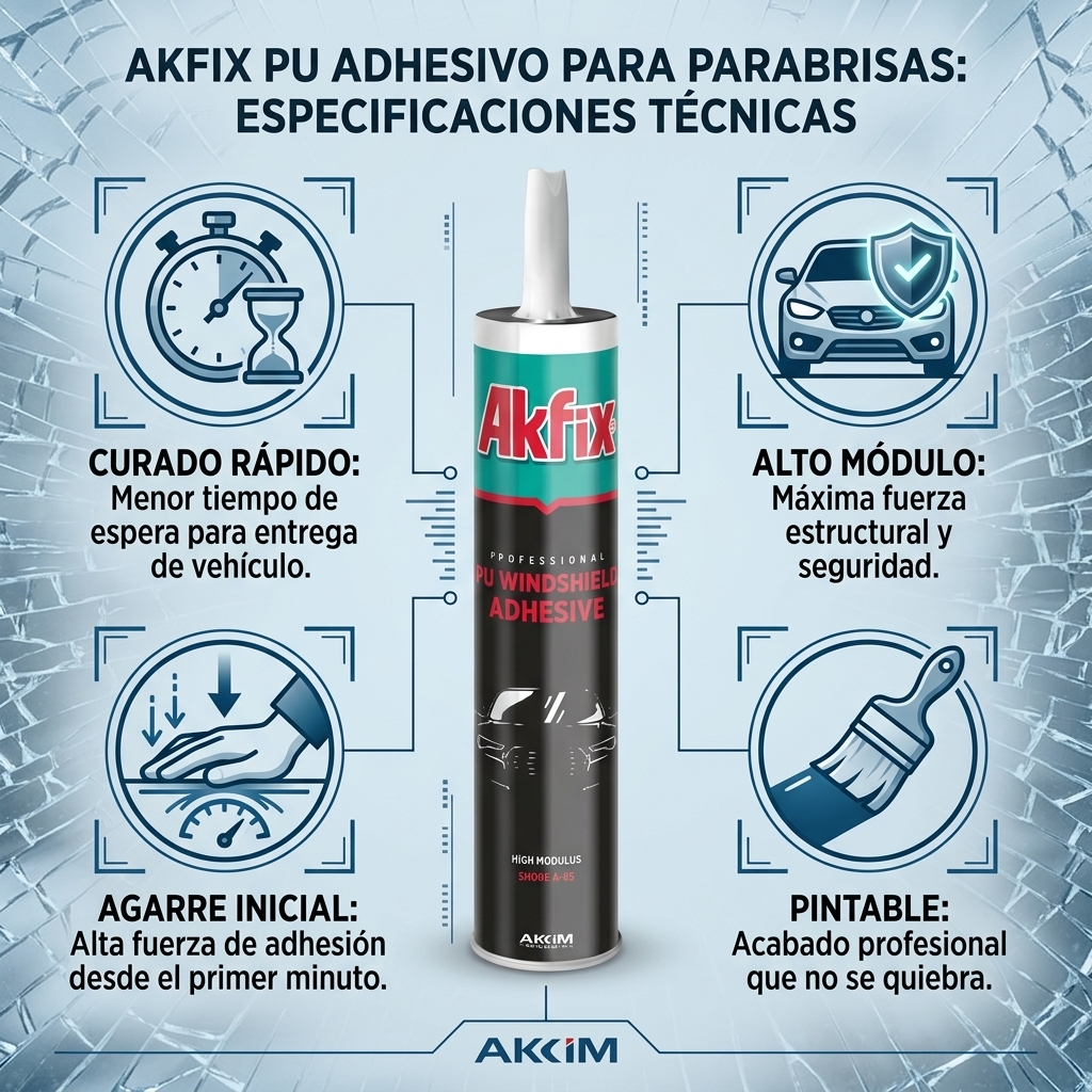 Infografía técnica de Sello PU para parabrisas Akfix: características, usos y ventajas